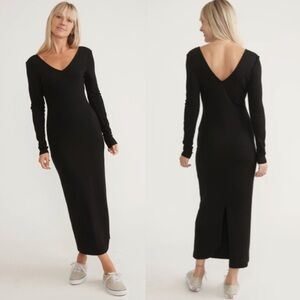 Marine Layer | Women’s Black Ribbed Lexi Vneck Front/Back Maxi Dress Size M